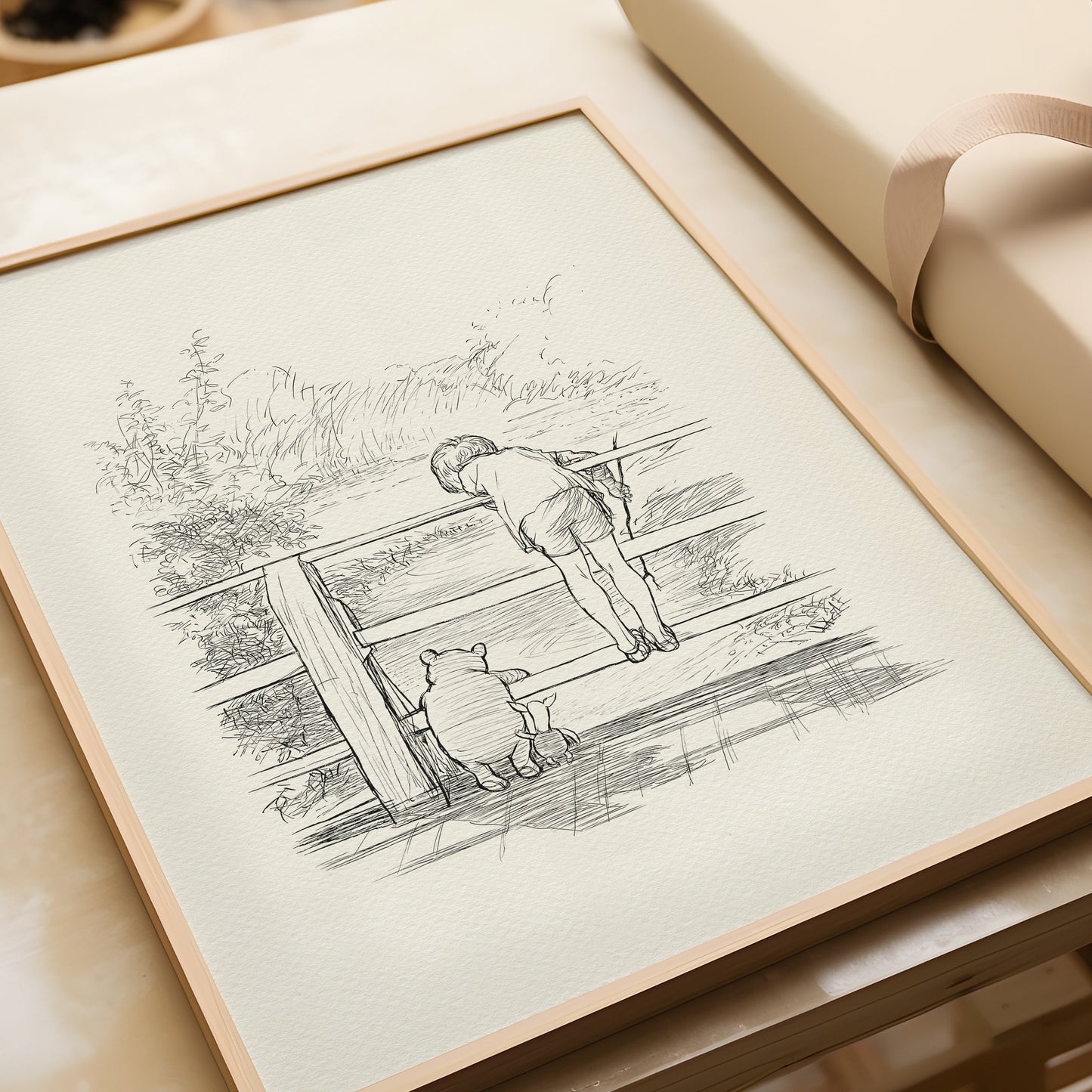 08 Poohsticks - Winnie the Pooh, Christopher Robin, bridge vintage style classic Pooh poster print