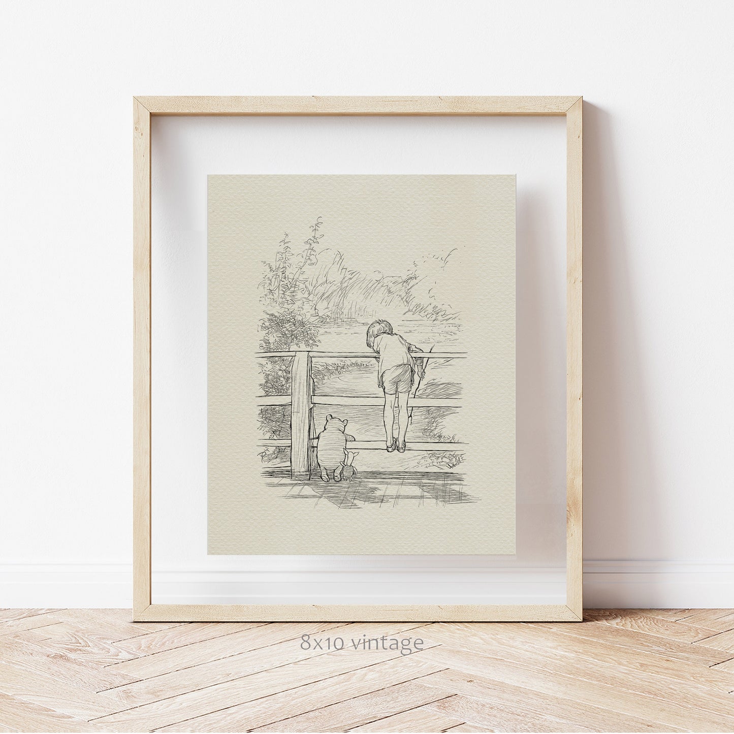 08 Poohsticks - Winnie the Pooh, Christopher Robin, bridge vintage style classic Pooh poster print