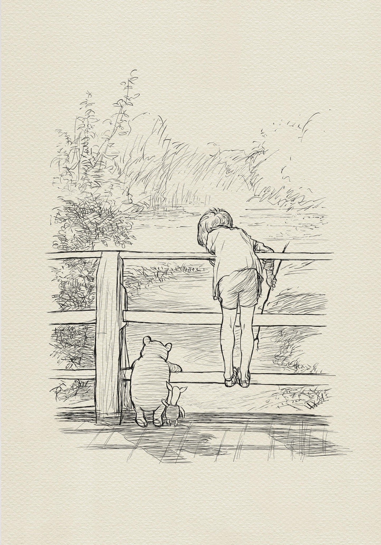 08 Poohsticks - Winnie the Pooh, Christopher Robin, bridge vintage style classic Pooh poster print