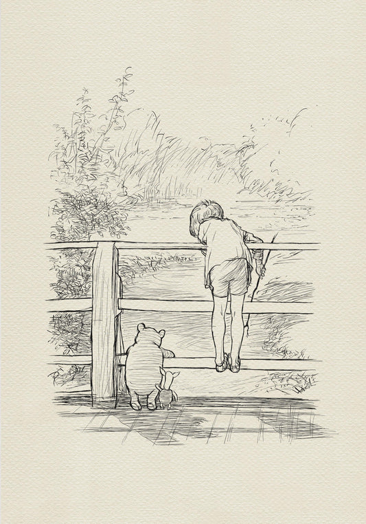 08 Poohsticks - Winnie the Pooh, Christopher Robin, bridge vintage style classic Pooh poster print