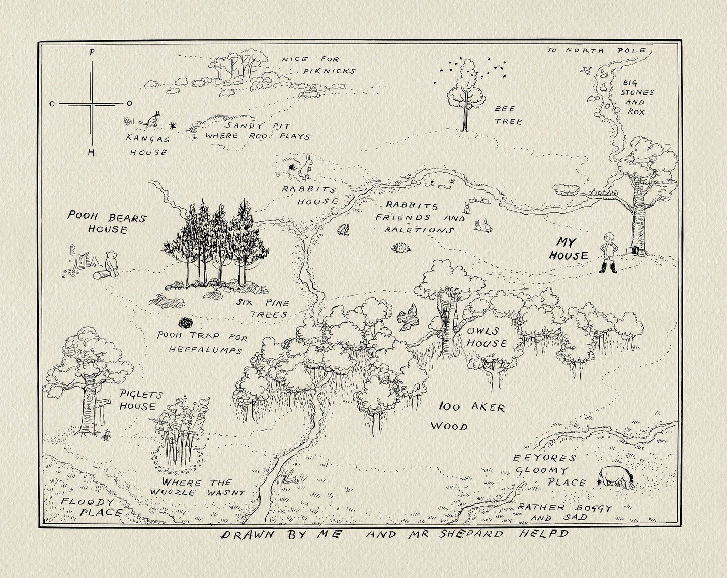 42 Winnie the Pooh - 100 Acre Wood Map Classic Vintage style Illustration print Aker map