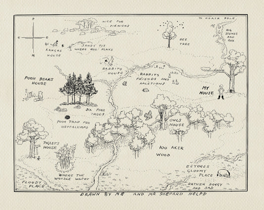 42 Winnie the Pooh - 100 Acre Wood Map Classic Vintage style Illustration print Aker map