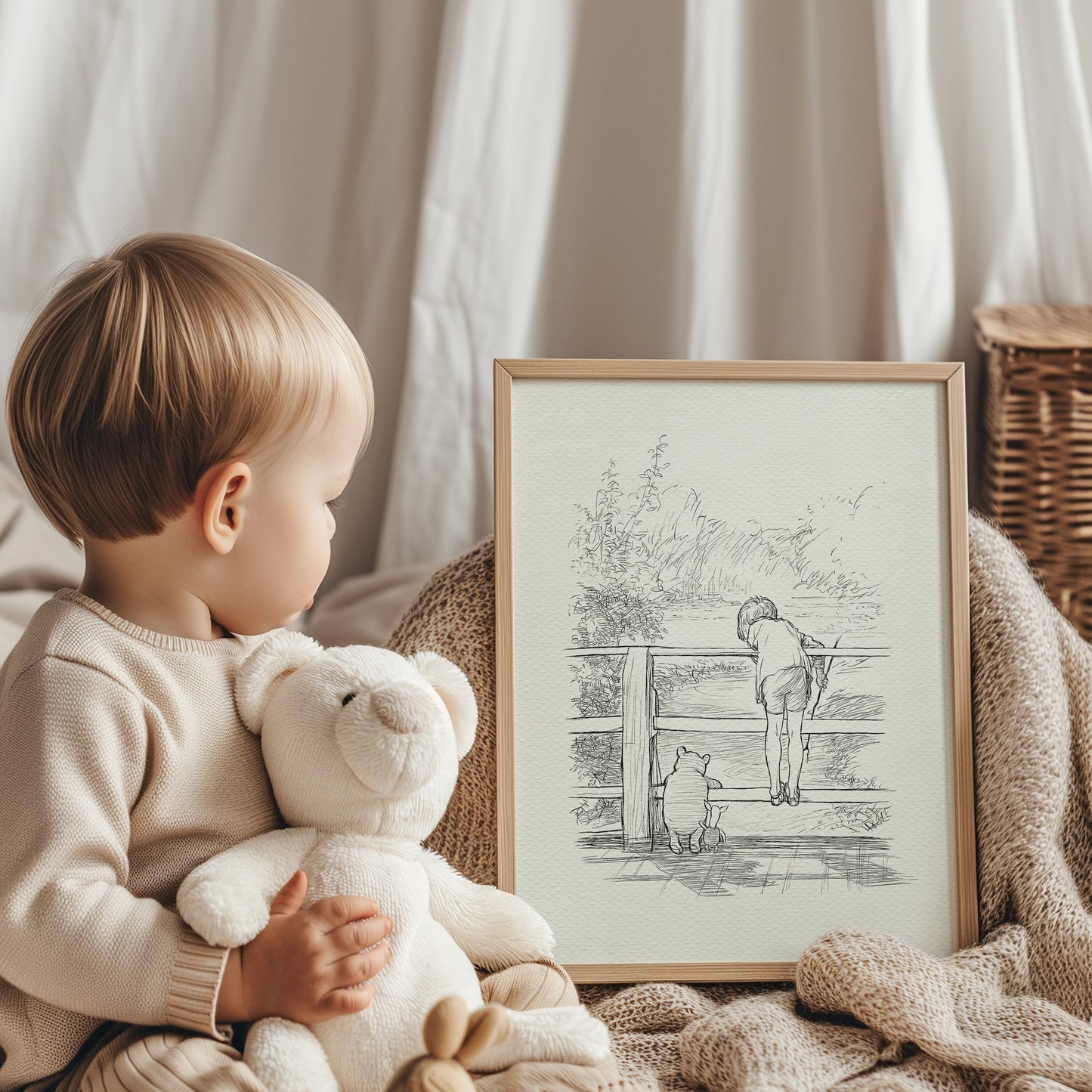 08 Poohsticks - Winnie the Pooh, Christopher Robin, bridge vintage style classic Pooh poster print