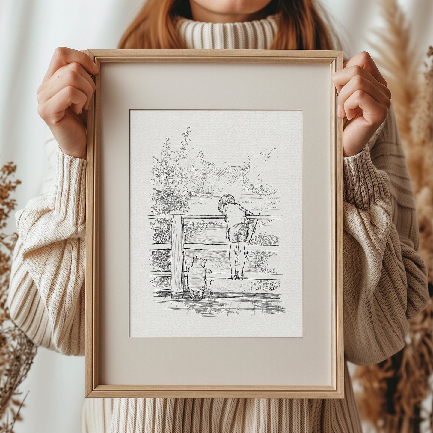 08 Poohsticks - Winnie the Pooh, Christopher Robin, bridge vintage style classic Pooh poster print