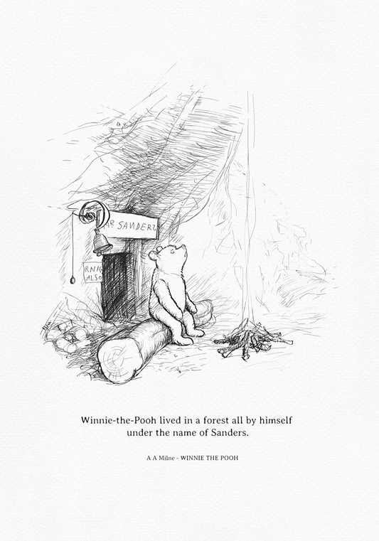 A black and white line drawing of a bear sitting on a log in front of a front door with a sign that reads 'Mr. Sanders' and a bell hanging above the door. The bear is looking up at something off-screen. There are some sticks on the ground in front of the bear.