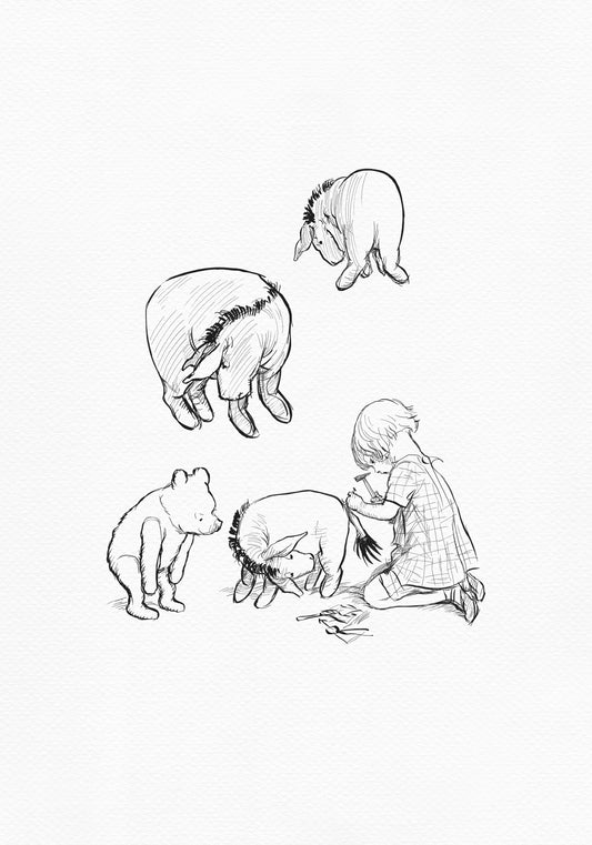 A black and white line drawing of Christopher Robin and Winnie the Pooh. The boy is sitting on the ground and using a hammer to fix Eeyore's tail. Winnie the Pooh is standing and watching. There are two other donkeys in the drawing, one standing and one lying down.