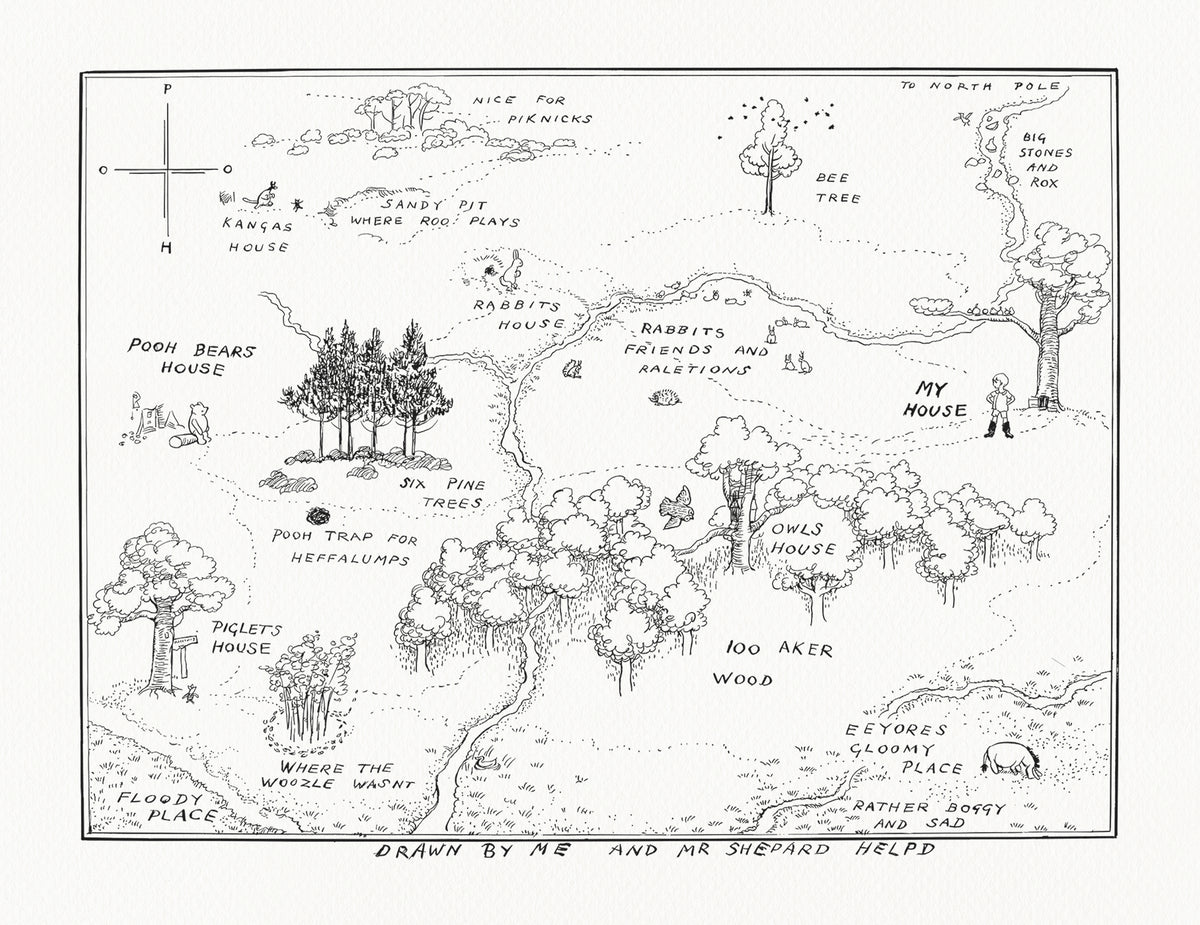 A hand-drawn map of the Hundred Acre Wood from Winnie the Pooh. The map is drawn in black ink on a cream-colored background. The map features various locations including Pooh Bear's house, Piglet's house, Rabbit's house, Owl's house, and a gloomy place. The map also features a compass, a bee tree, six pine trees, a sandy pit, and a trap for Heffalumps. The map is titled 'Drawn by Me and Mr. Shepard Helped.'