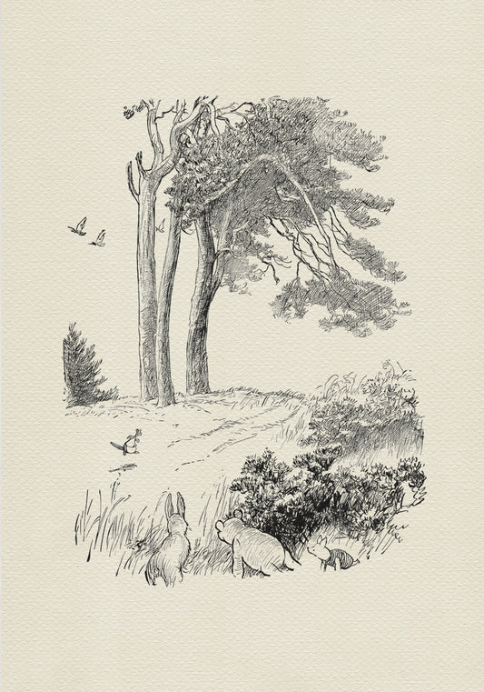 A black-and-white drawing depicting a scene in a forest with a path leading to a large tree. In the foreground, there are Winnie the Pooh, Rabbit and Piglet. They are looking in the direction of two kangaroos visible in the background. The drawing is simple in style and has a fanciful character.