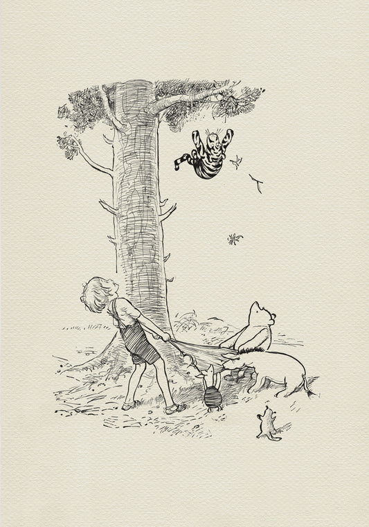 A black-and-white illustration showing Christopher Robin, Winnie-the-Pooh, Eeyore, and Piglet standing under a tree and holding out a sheet to catch Tigger, who is falling from the tree.  Roo is standing next to them.