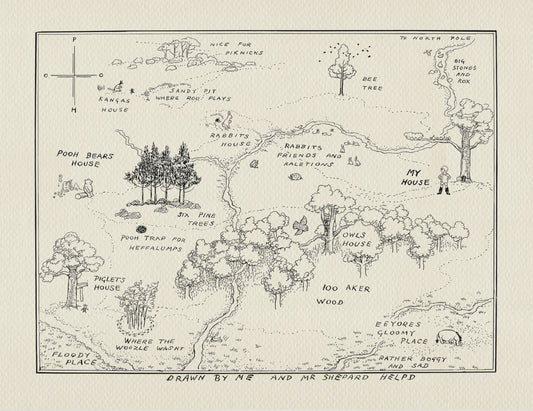 A hand-drawn map of the Hundred Acre Wood from Winnie the Pooh. The map is drawn in black ink on a cream-colored background. The map features various locations including Pooh Bear's house, Piglet's house, Rabbit's house, Owl's house, and a gloomy place. The map also features a compass, a bee tree, six pine trees, a sandy pit, and a trap for Heffalumps. The map is titled 'Drawn by Me and Mr. Shepard Helped.'