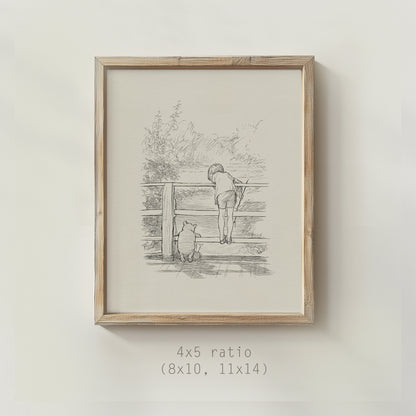 Classic Winnie the Pooh Artwork, Hand-Redrawn EH Shepard Sketch, Poohsticks Theme