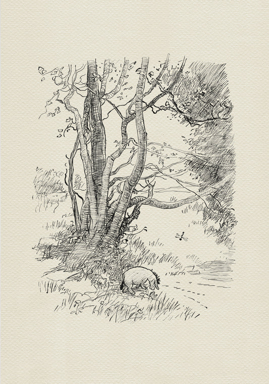 A black and white line drawing of Eeyore walking through a forest. The donkey is standing on a path and there are trees on either side of the path. The donkey is standing towards the right side of the image. There is a dragonfly flying in the air above the Eeyore.