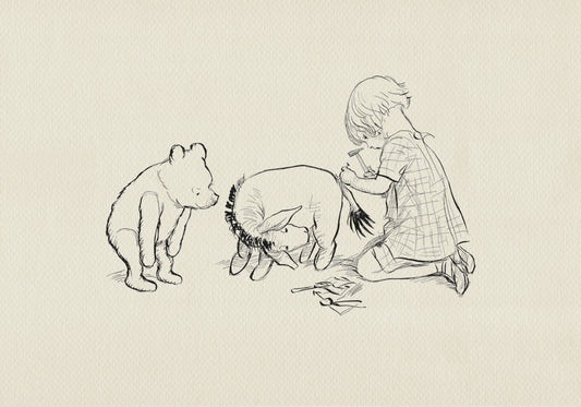 A black and white line drawing of Christopher Robin, Winnie the Pooh and Pigle. The coy is sitting on the ground and using a hammer to fix Eeyore's tail. Winnie the Pooh and Piglet are standing and watching.