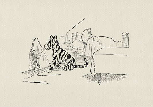 A black-and-white line drawing of Winnie the Pooh and Tigger. Tigger sits in front of a mirror, and Winnie the Pooh lies in bed, covered with a blanket. To the right of Tigger is a table covered with a tablecloth. The background is a light beige vintage color.
