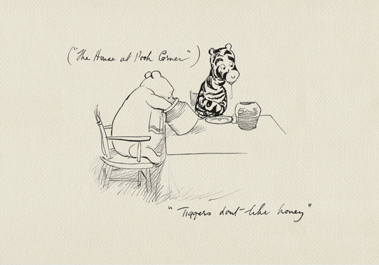 A black and white line drawing of Pooh and Tigger sitting at a table. A pot of honey sits on the table. Pooh is holding a second pot of honey. The added text reads: Tiggers don't like honey.