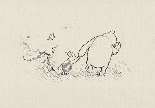 A black and white line drawing of Winnie the Pooh and Piglet walking through a field of grass. Leaves are blowing in the wind behind them.