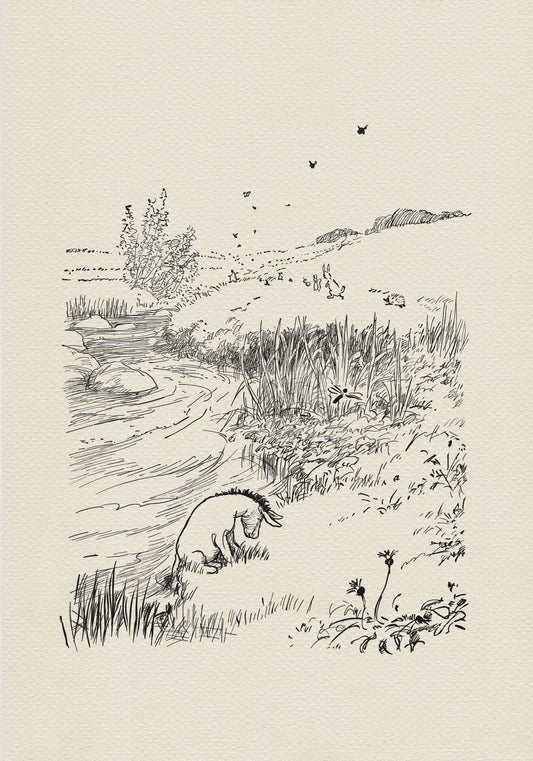 A black and white illustration of Eeyore the donkey sitting by a river. The donkey is looking down at the water. There are some small birds flying in the sky and a few small animals in the distance.
