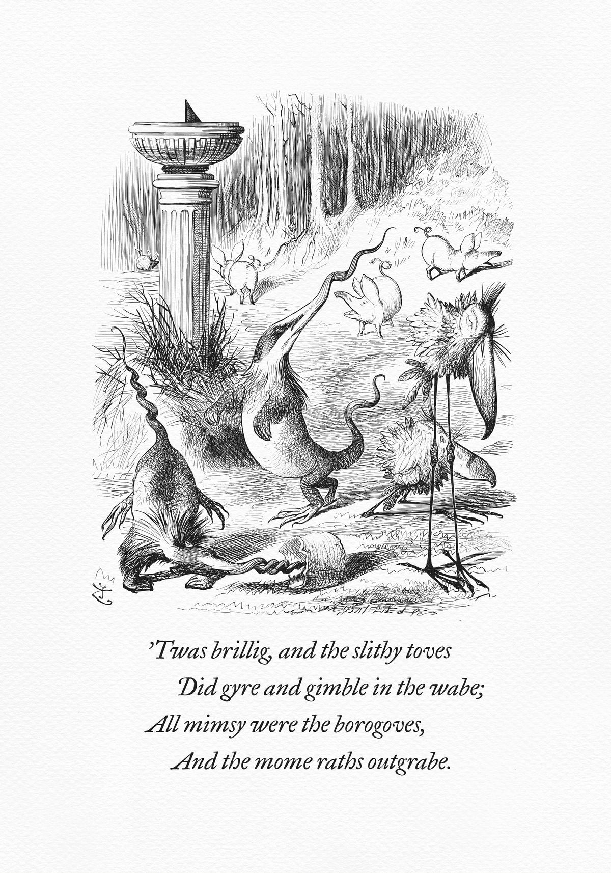 A black-and-white illustration depicting a group of fantastical creatures against the backdrop of a classical landscape. Below the illustration is a poem from the book Through the Looking Glass - "Twas brillig, and the slithy toves
Did gyre and gimble in the wabe:
All mimsy were the borogoves,
And the mome raths outgrabe."