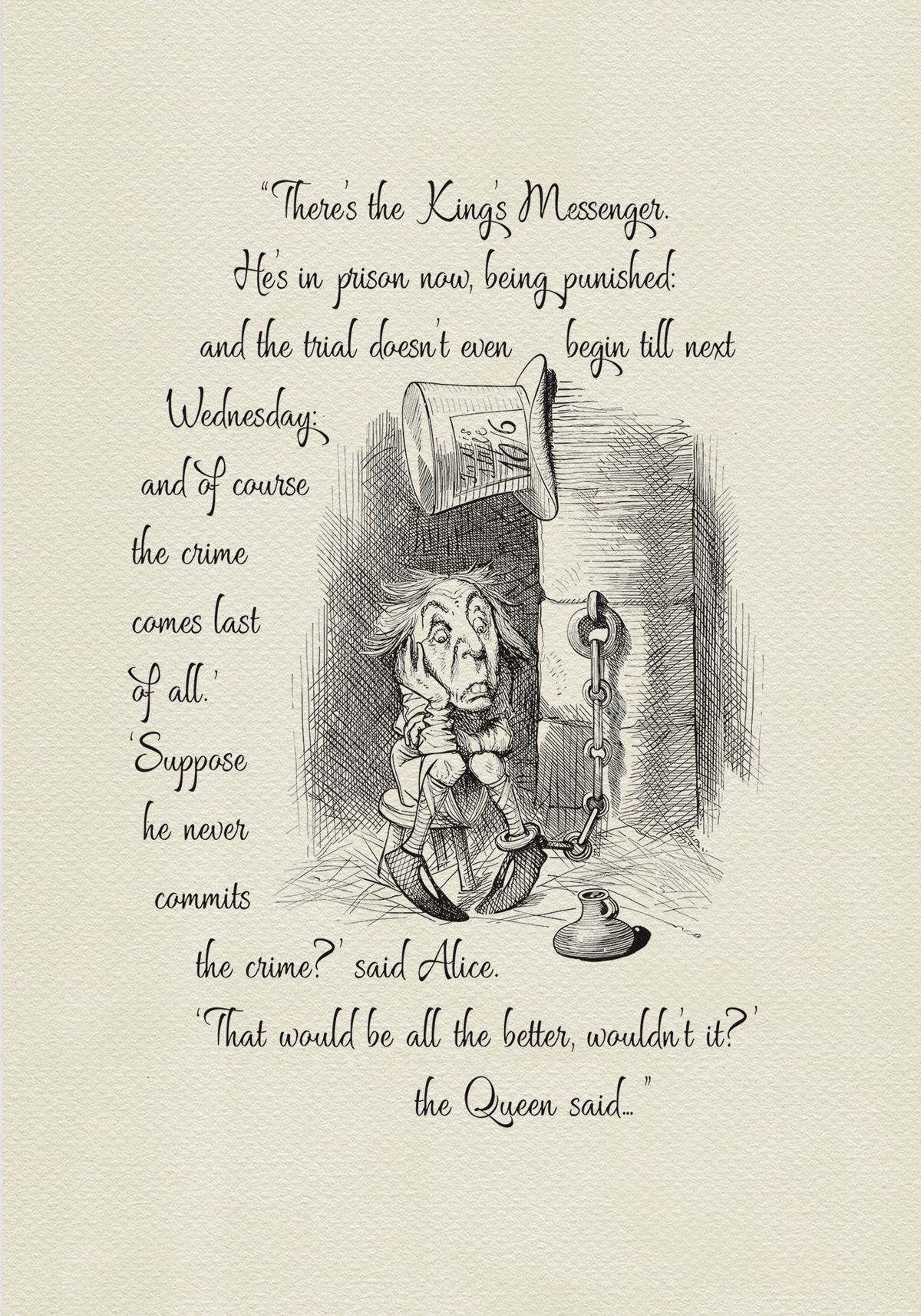 Black and white illustration from "Through the Looking Glass" featuring a King's Messenger in prison. Text includes quote There's the King's Messenger. He's in prison now, being punished..." A top hat hangs above the character.