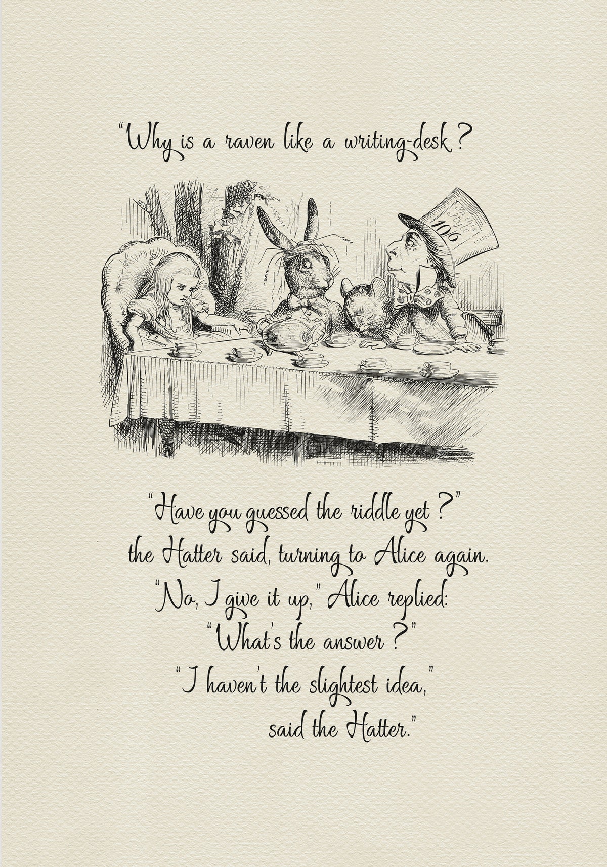 Black and white illustration from Alice in Wonderland featuring Alice, the Mad Hatter, a rabbit, and a mouse at a tea party. Text includes the quote, "Why is a raven like a writing desk..."