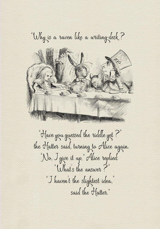 Black and white illustration from Alice in Wonderland featuring Alice, the Mad Hatter, a rabbit, and a mouse at a tea party. Text includes the quote, "Why is a raven like a writing desk..."