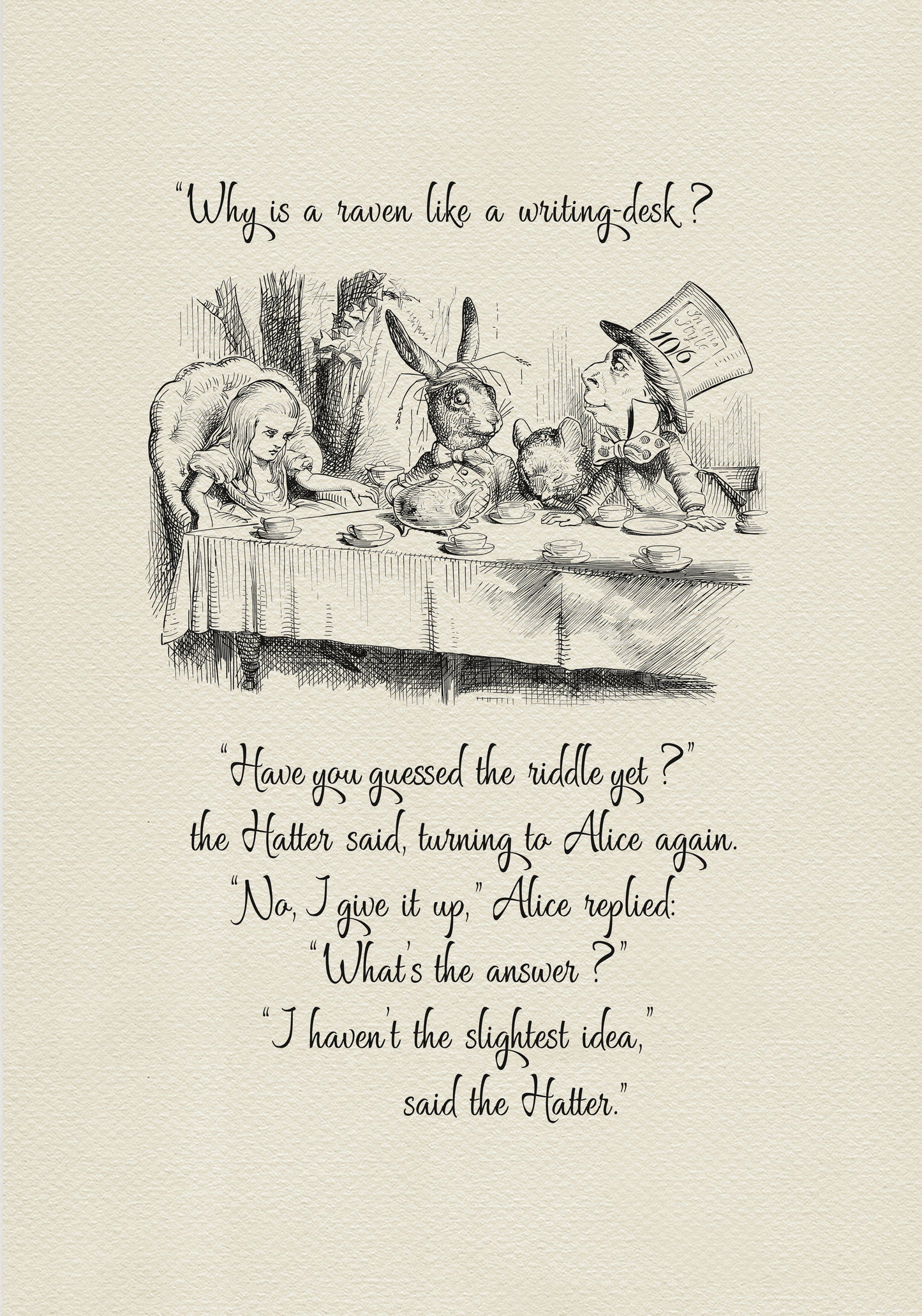 Black and white illustration from Alice in Wonderland featuring Alice, the Mad Hatter, a rabbit, and a mouse at a tea party. Text includes the quote, "Why is a raven like a writing desk..."