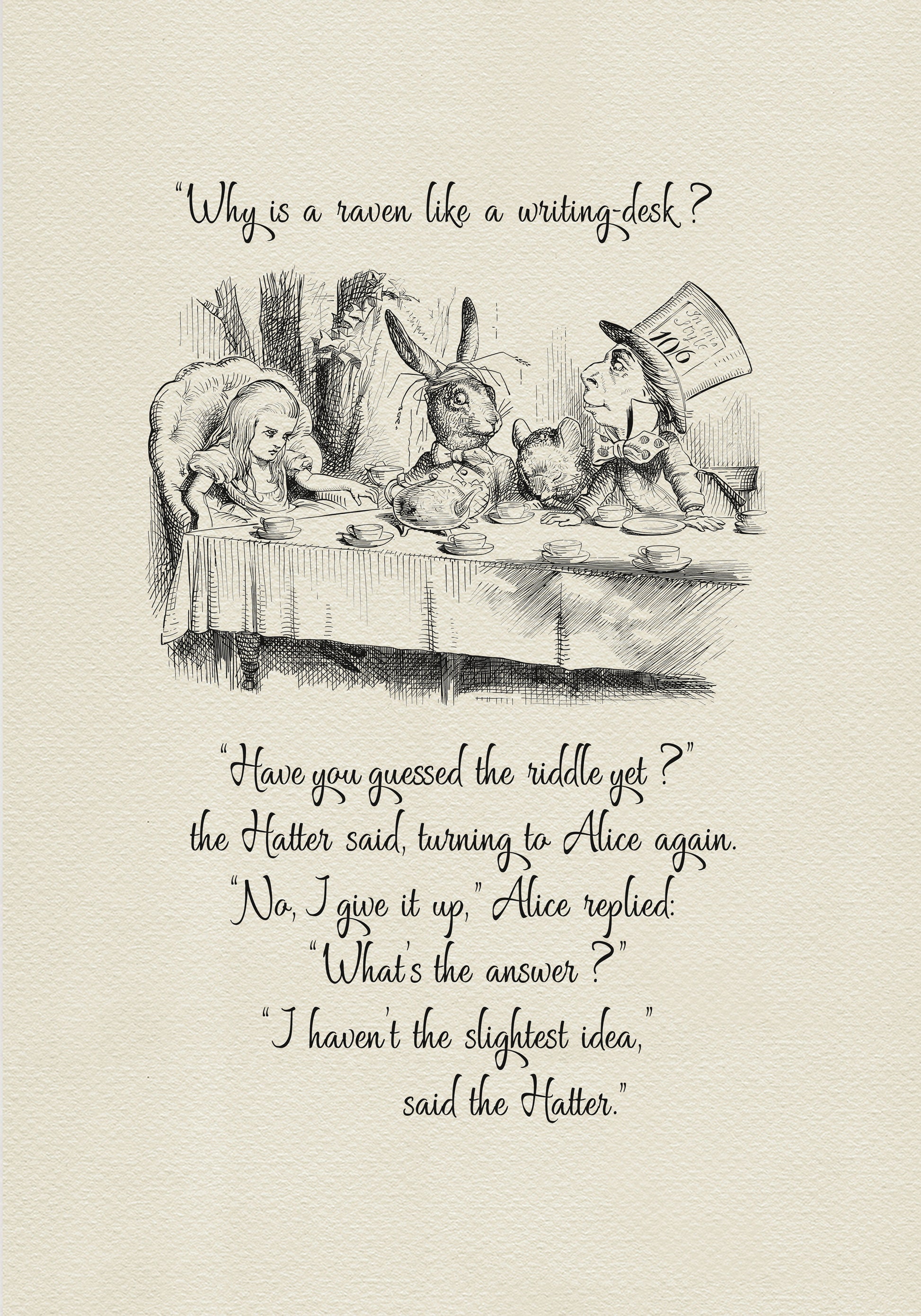 Black and white illustration from Alice in Wonderland featuring Alice, the Mad Hatter, a rabbit, and a mouse at a tea party. Text includes the quote, "Why is a raven like a writing desk..."