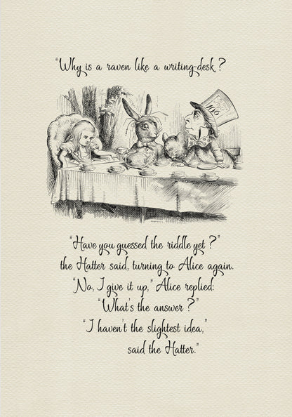 Black and white illustration from Alice in Wonderland featuring Alice, the Mad Hatter, a rabbit, and a mouse at a tea party. Text includes the quote, "Why is a raven like a writing desk..."