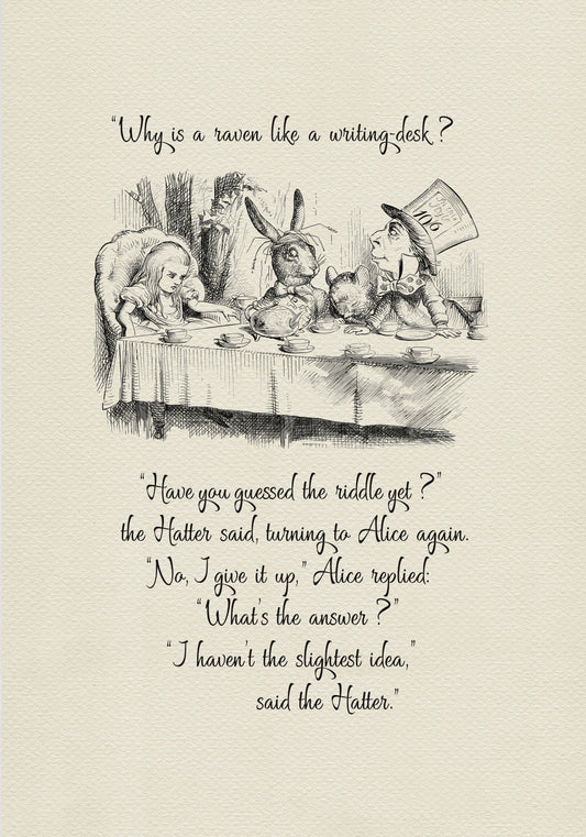 Black and white illustration from Alice in Wonderland featuring Alice, the Mad Hatter, a rabbit, and a mouse at a tea party. Text includes the quote, "Why is a raven like a writing desk..."