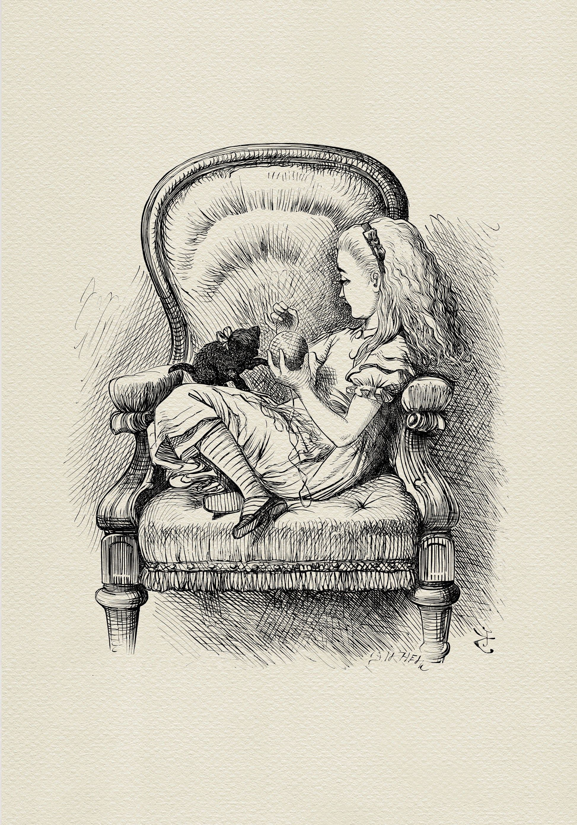A black-and-white illustration depicting a young girl sitting in a large, ornate armchair, holding a ball of yarn in her hands and looking at a small kitten sitting on her lap. The image is from the book Alice in Wonderland.