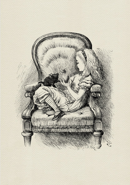 A black-and-white illustration depicting a young girl sitting in a large, ornate armchair, holding a ball of yarn in her hands and looking at a small kitten sitting on her lap. The image is from the book Alice in Wonderland.