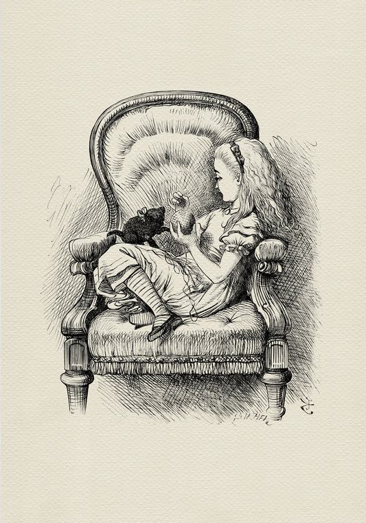 A black-and-white illustration depicting a young girl sitting in a large, ornate armchair, holding a ball of yarn in her hands and looking at a small kitten sitting on her lap. The image is from the book Alice in Wonderland.
