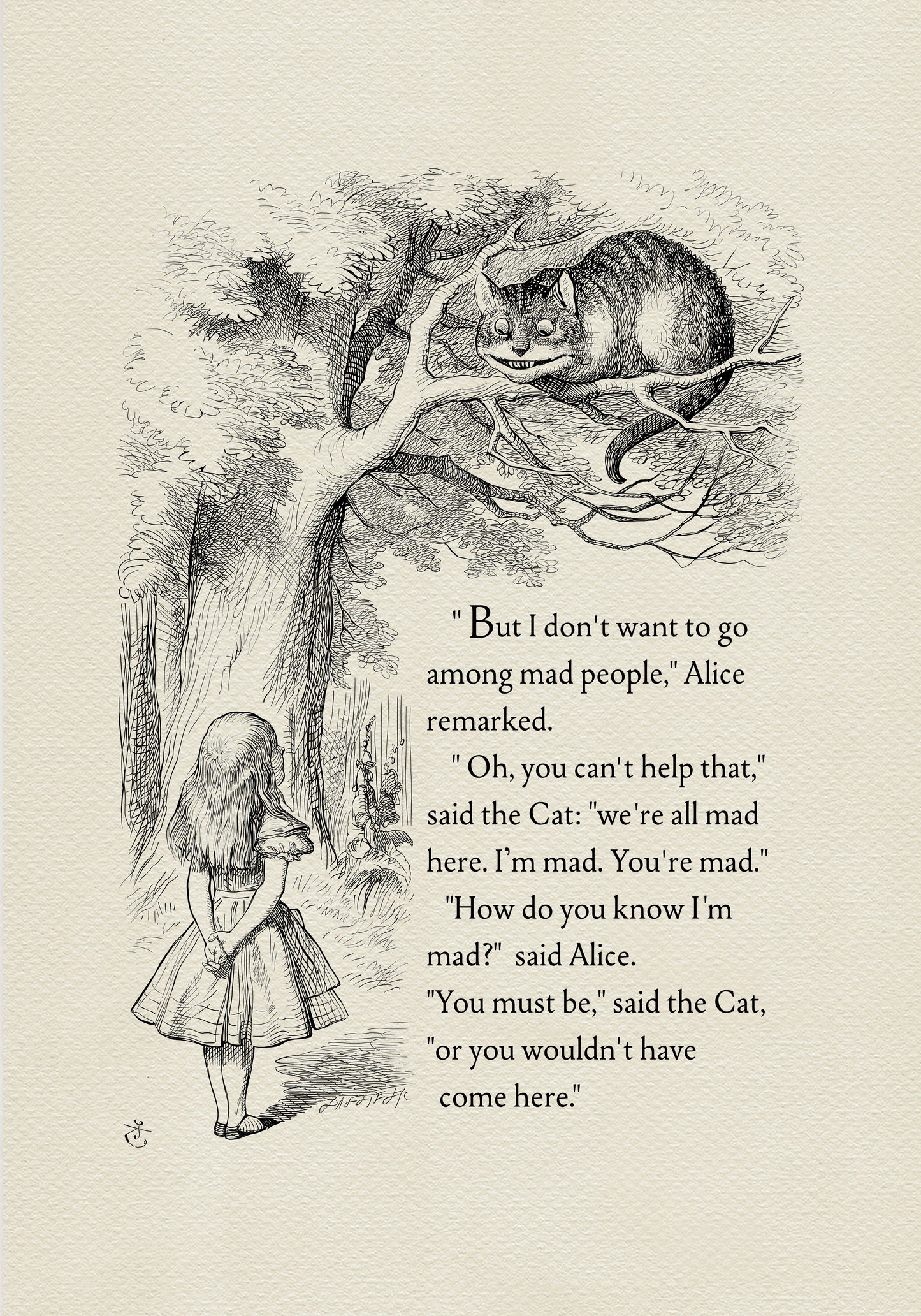 Black and white illustration from "Alice in Wonderland" featuring Alice and the Cheshire Cat. The cat is perched in a tree, while Alice stands below. Text from the book is included.