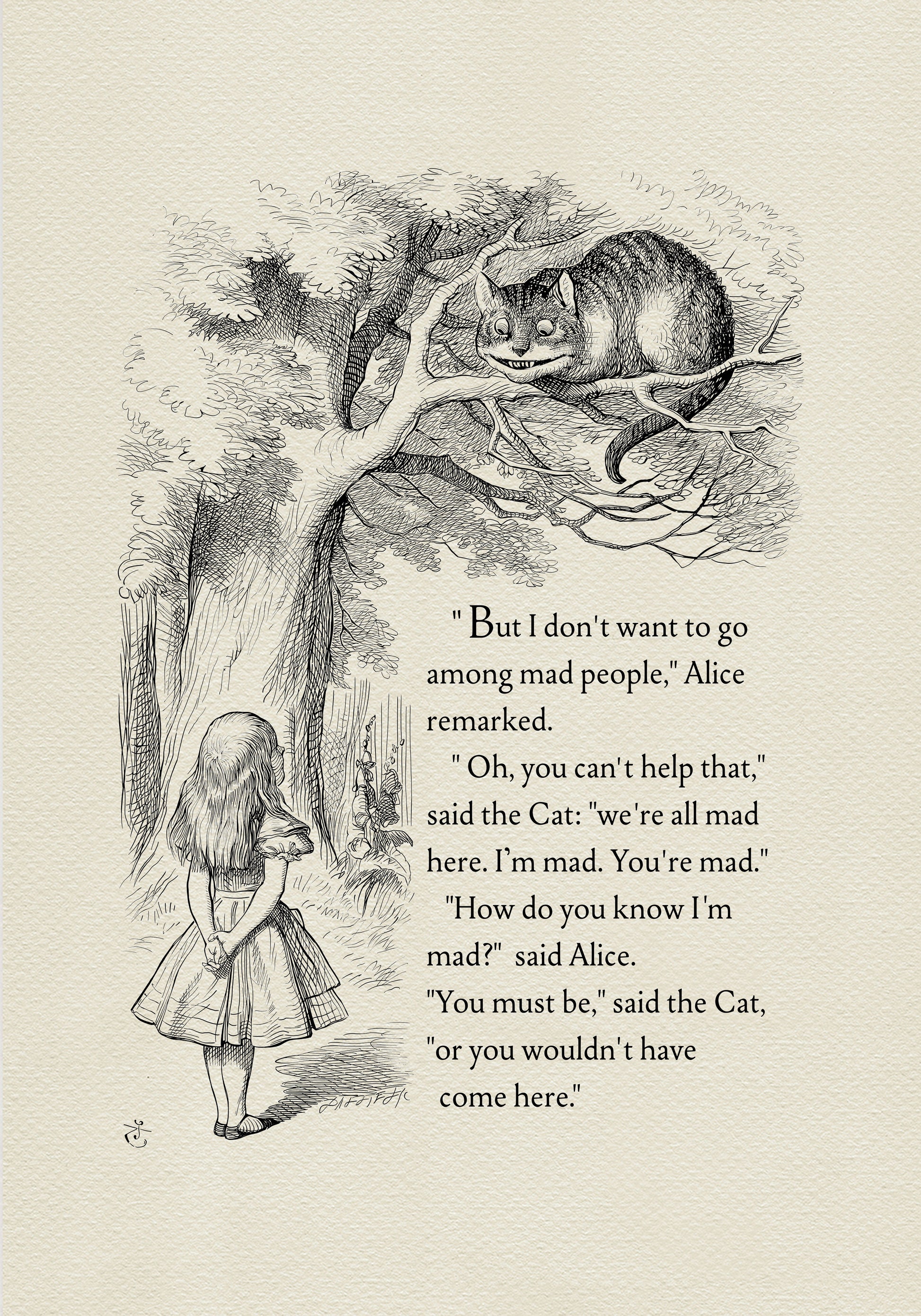 Black and white illustration from "Alice in Wonderland" featuring Alice and the Cheshire Cat. The cat is perched in a tree, while Alice stands below. Text from the book is included.