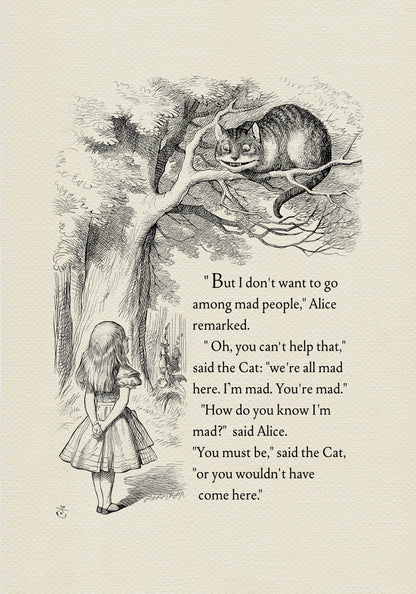 Black and white illustration from "Alice in Wonderland" featuring Alice and the Cheshire Cat. The cat is perched in a tree, while Alice stands below. Text from the book is included.
