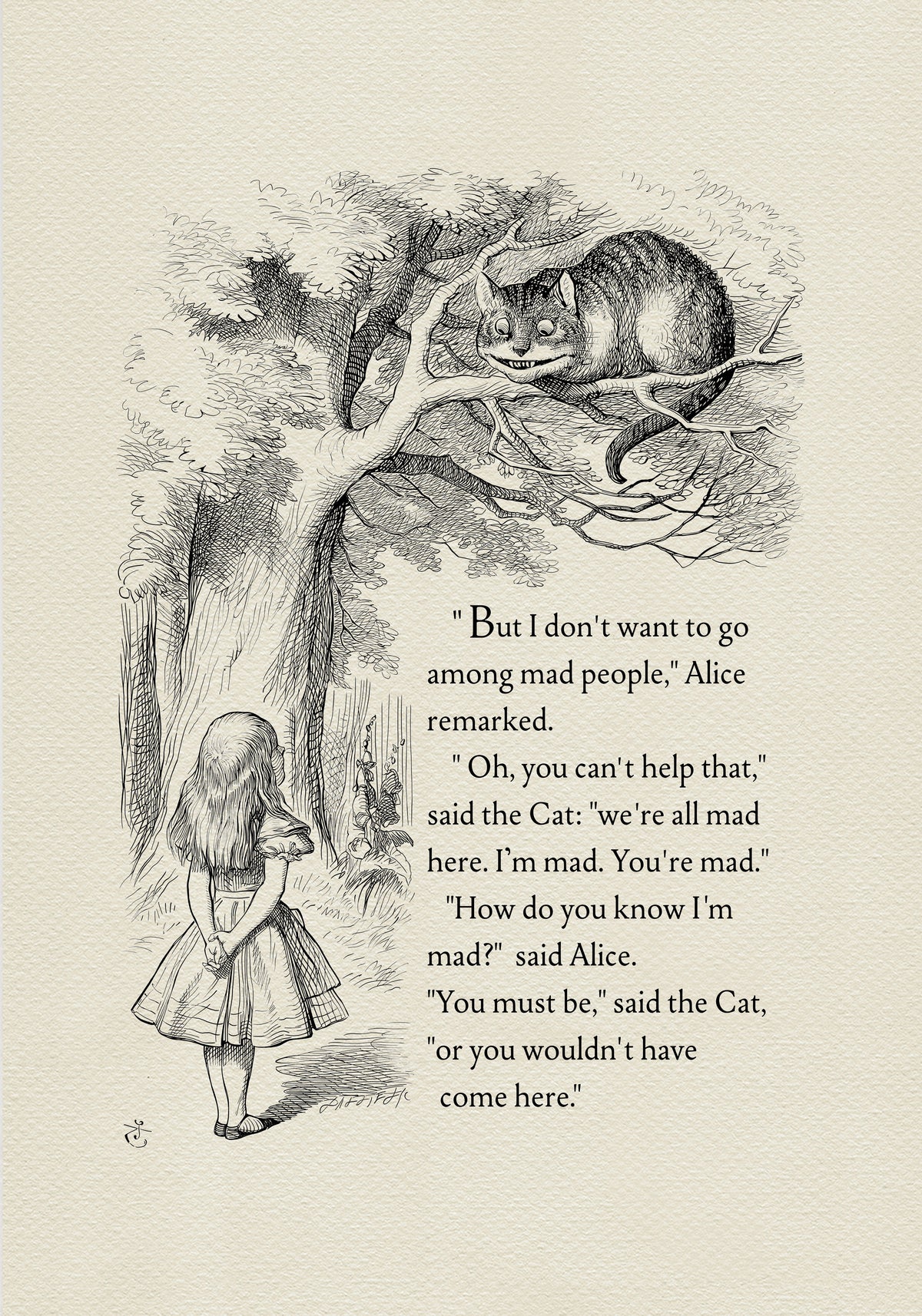 Black and white illustration from "Alice in Wonderland" featuring Alice and the Cheshire Cat. The cat is perched in a tree, while Alice stands below. Text from the book is included.