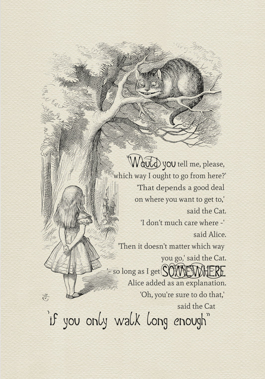 Black and white drawing featuring Alice and Cheshire Cat sitting on a spreading tree - famous illustration for the book "Alice's Adventures in Wonderland". Added text read: “Would you tell me, please, which way I ought to walk from here ?” “That depends a good deal on where you want to get to,” said the Cat. “I don ’t much care where——” said Alice.
“Then it doesn’t matter which way you walk,” said the Cat.“ ——so long as I get somewhere,” Alice added as an explanation.