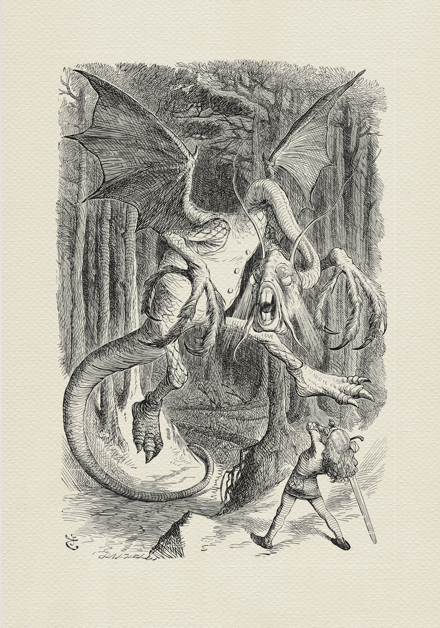 A black-and-white illustration depicting a battle between a huge dragon-like creature and a young girl wearing armor. The monster spreads its wings, while the girl raises a large sword held in both hands. A dense forest can be seen in the background.