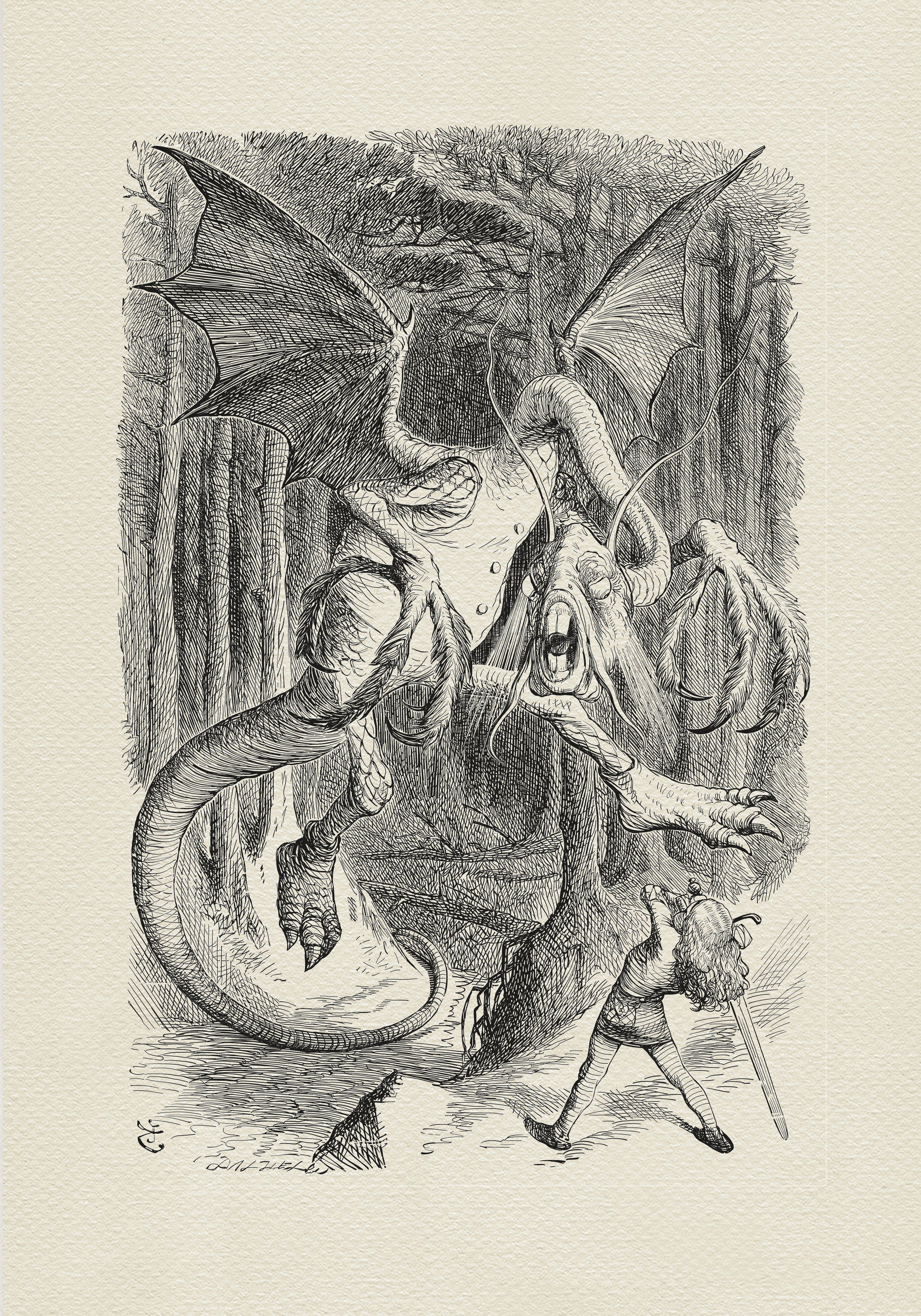 A black-and-white illustration depicting a battle between a huge dragon-like creature and a young girl wearing armor. The monster spreads its wings, while the girl raises a large sword held in both hands. A dense forest can be seen in the background.