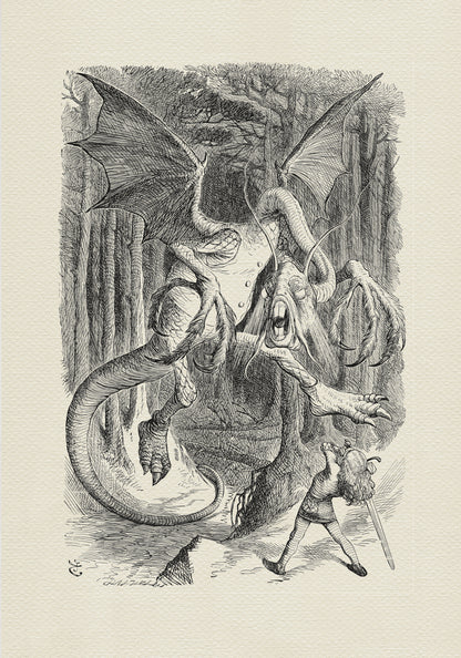 A black-and-white illustration depicting a battle between a huge dragon-like creature and a young girl wearing armor. The monster spreads its wings, while the girl raises a large sword held in both hands. A dense forest can be seen in the background.