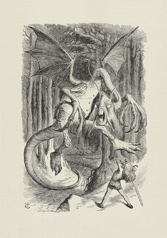 A black-and-white illustration depicting a battle between a huge dragon-like creature and a young girl wearing armor. The monster spreads its wings, while the girl raises a large sword held in both hands. A dense forest can be seen in the background.