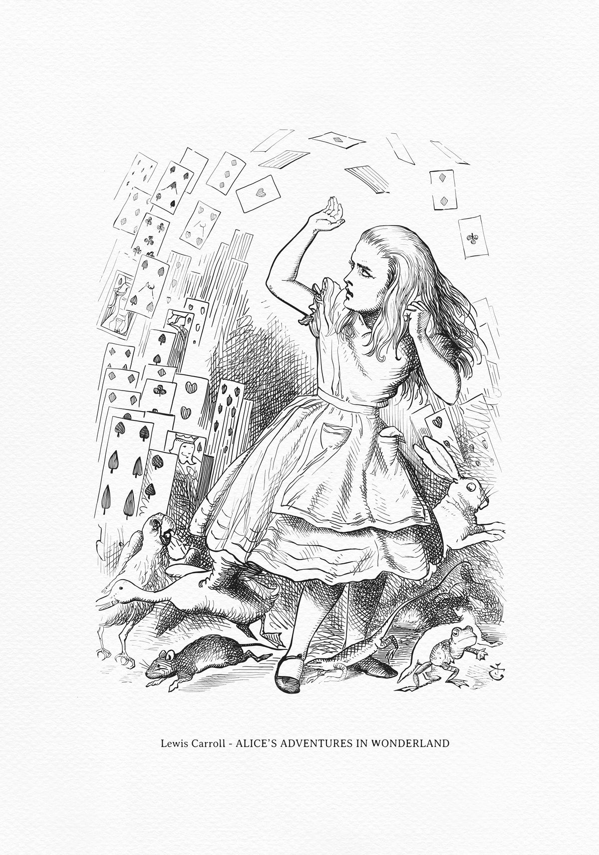 An illustration from "Alice's Adventures in Wonderland" depicts a young girl in a dress, surrounded by falling playing cards. A rabbit, birds, and other creatures are at her feet. The image is in black and white.