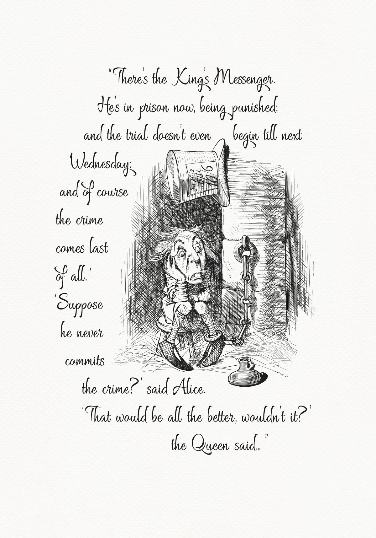 Black and white illustration from "Through the Looking Glass" featuring a King's Messenger in prison. Text includes quote There's the King's Messenger. He's in prison now, being punished..." A top hat hangs above the character.