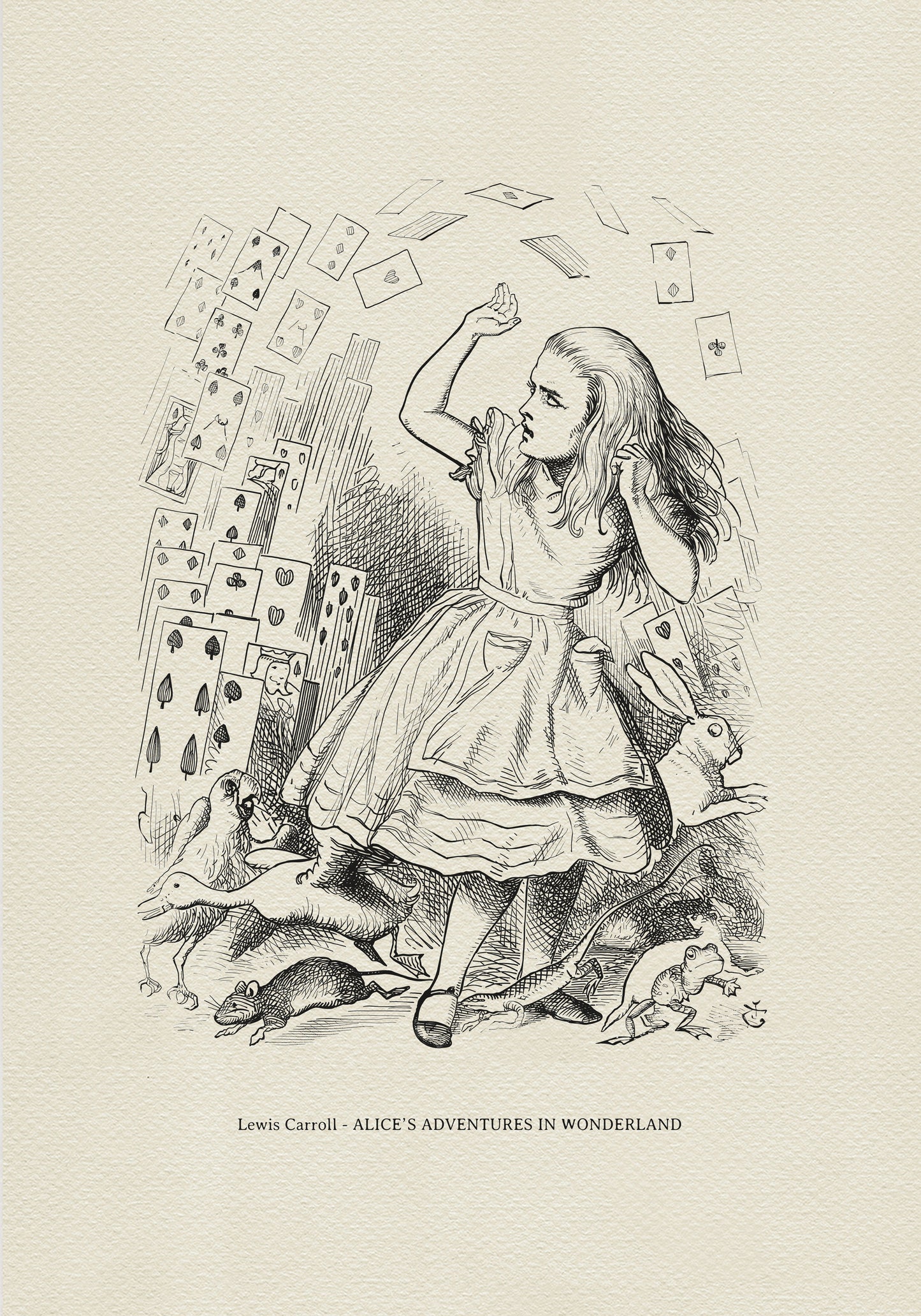 An illustration from "Alice's Adventures in Wonderland" depicts a young girl in a dress, surrounded by falling playing cards. A rabbit, birds, and other creatures are at her feet. The image is in black and white.