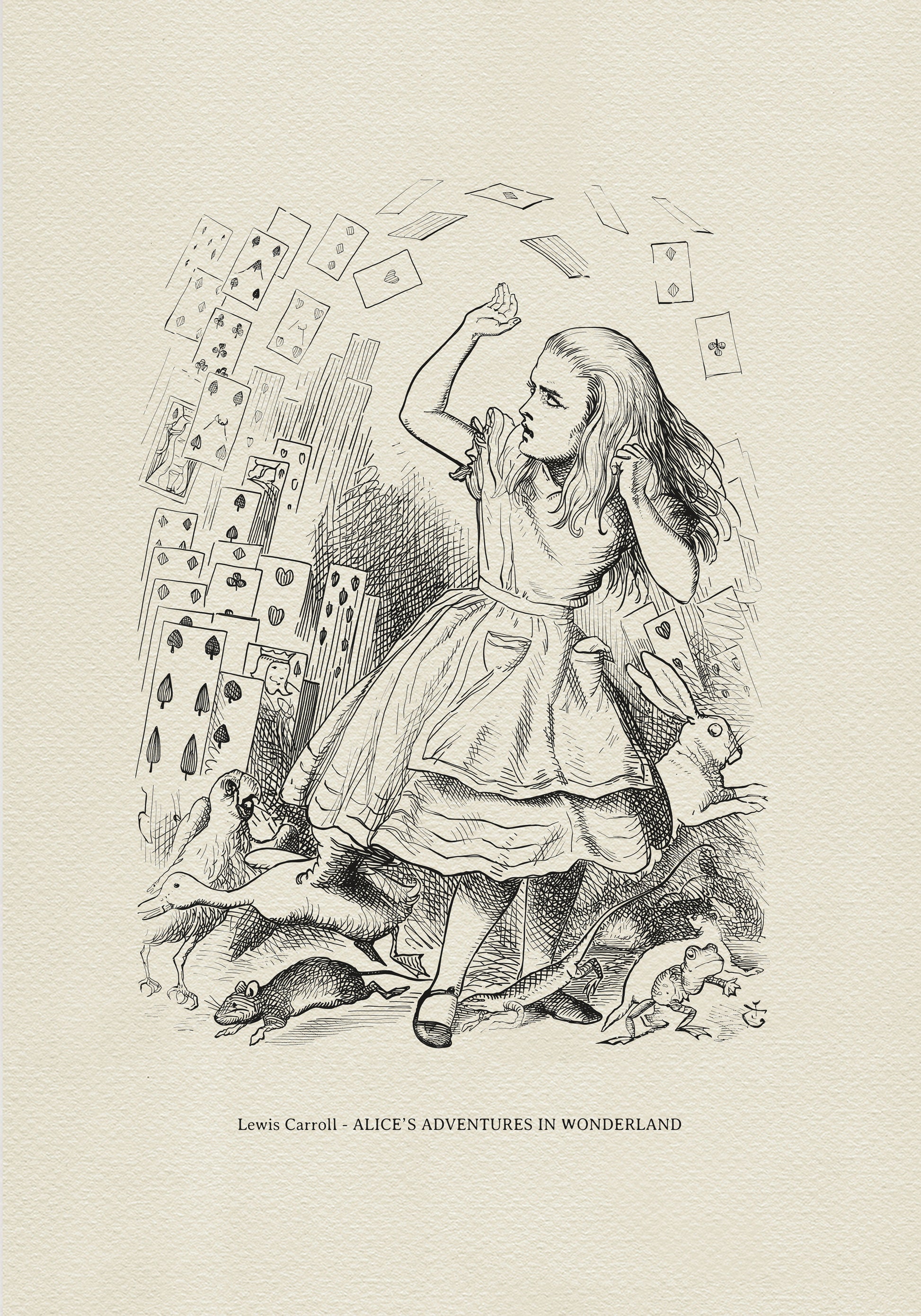 An illustration from "Alice's Adventures in Wonderland" depicts a young girl in a dress, surrounded by falling playing cards. A rabbit, birds, and other creatures are at her feet. The image is in black and white.