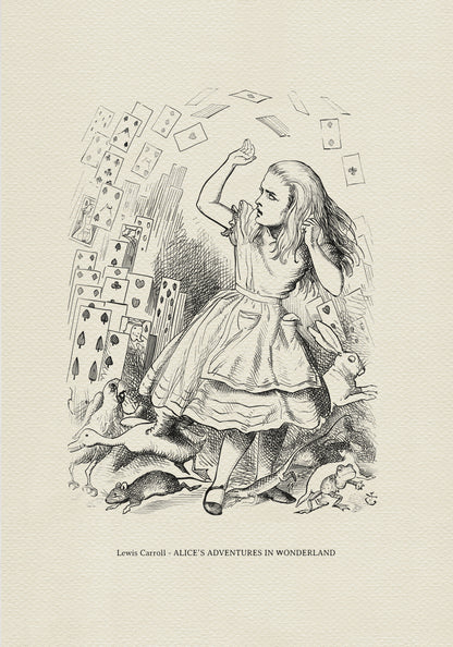 An illustration from "Alice's Adventures in Wonderland" depicts a young girl in a dress, surrounded by falling playing cards. A rabbit, birds, and other creatures are at her feet. The image is in black and white.