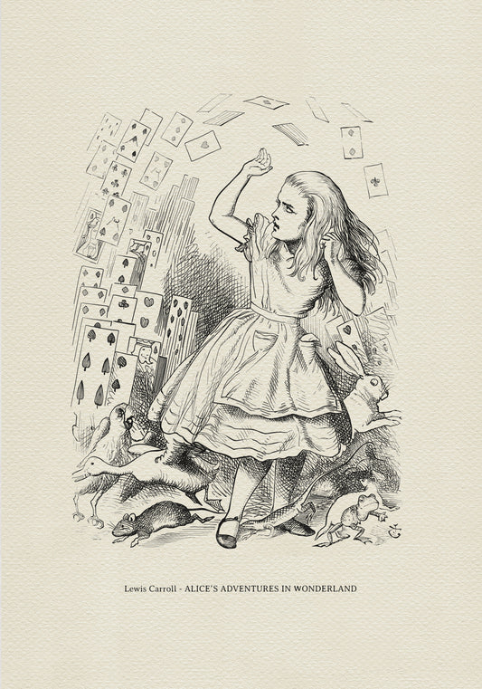 An illustration from "Alice's Adventures in Wonderland" depicts a young girl in a dress, surrounded by falling playing cards. A rabbit, birds, and other creatures are at her feet. The image is in black and white.