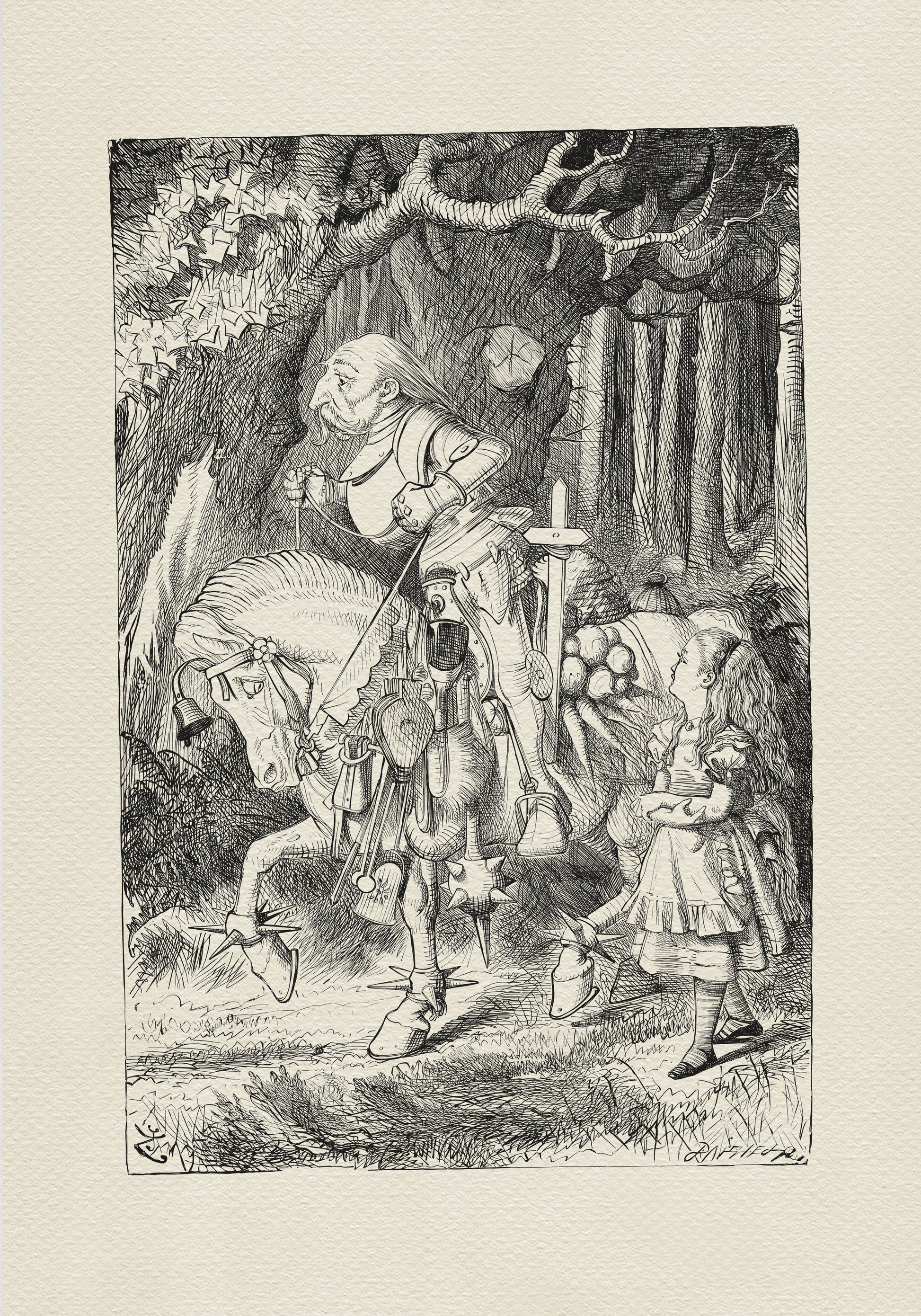 A black-and-white drawing from Alice in Wonderland depicting the White Knight. The knight is riding a horse with various objects hanging from its saddle. Alice is walking beside him. The girl has long hair and is wearing a dress. Her head is turned toward the knight. The two characters are probably engaged in conversation.  