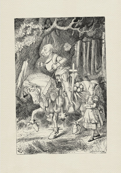 A black-and-white drawing from Alice in Wonderland depicting the White Knight. The knight is riding a horse with various objects hanging from its saddle. Alice is walking beside him. The girl has long hair and is wearing a dress. Her head is turned toward the knight. The two characters are probably engaged in conversation.  
