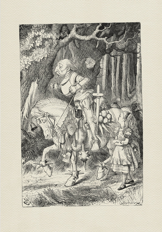 A black-and-white drawing from Alice in Wonderland depicting the White Knight. The knight is riding a horse with various objects hanging from its saddle. Alice is walking beside him. The girl has long hair and is wearing a dress. Her head is turned toward the knight. The two characters are probably engaged in conversation.  